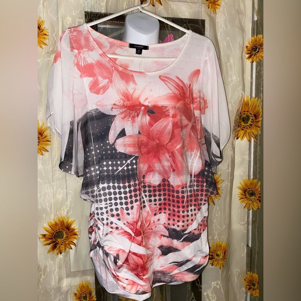 Espresso - white with pink flowers and black check design shirt. medium